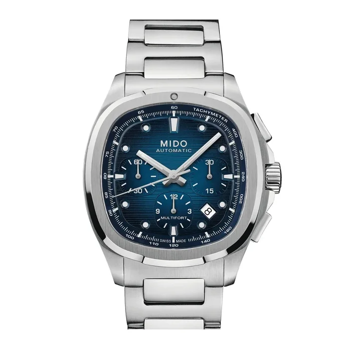 Mido Multifort TV Chronograph automatic watch with diamond indexes, blue dial, steel and blue fabric bracelets, 42 mm- Lepage