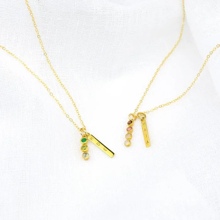 Minimalist Birthstone Bar Necklace with Kids’ Birthstones & Names, Necklace for Mom