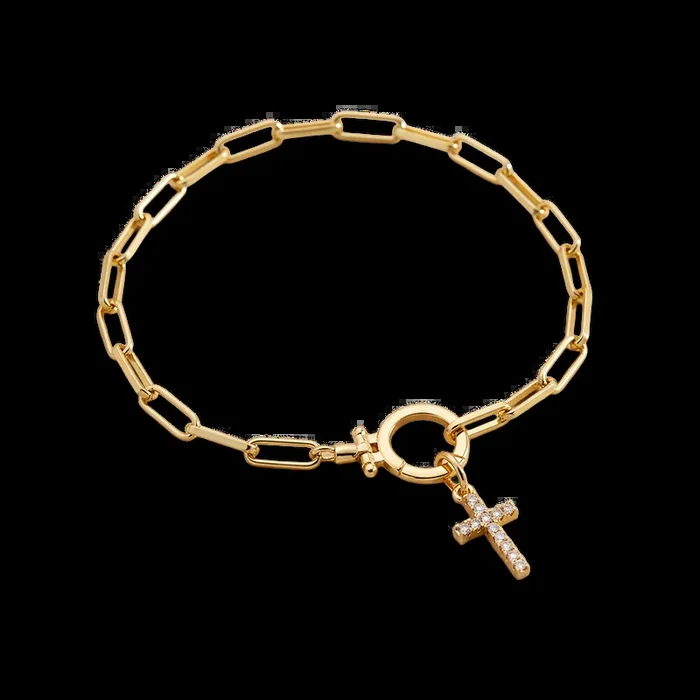 Mint Paperclip Bracelet with Pave Cross Charm