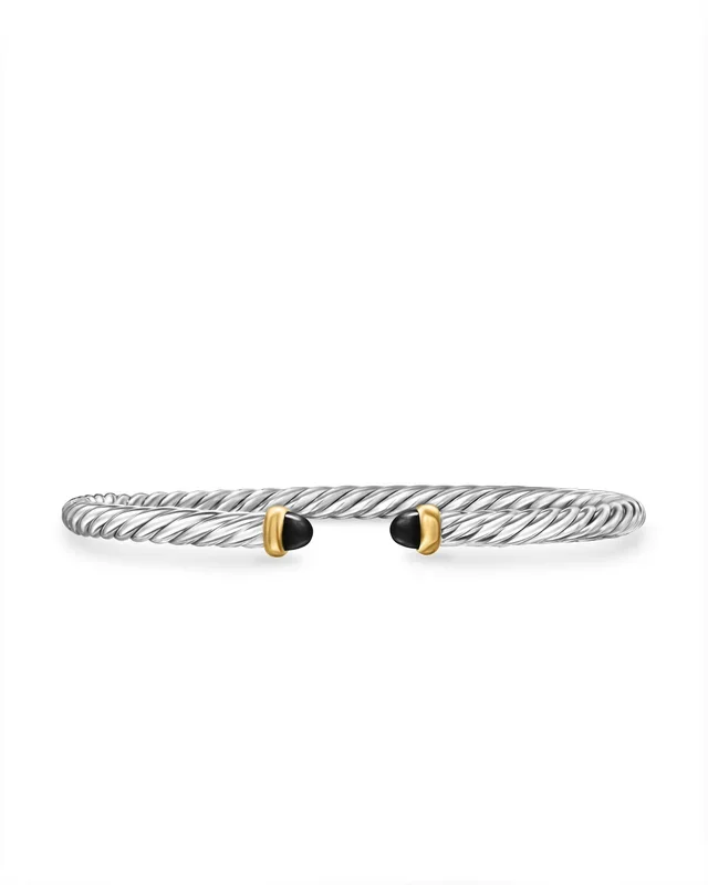 Modern Cable Bracelet in Sterling Silver with 14K Yellow Gold and Black Onyx, 4mm