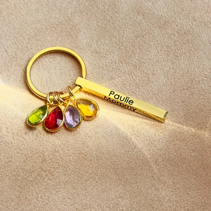 Mom Birthstone Bar Keychain, Personalized 4-Side Name Bar