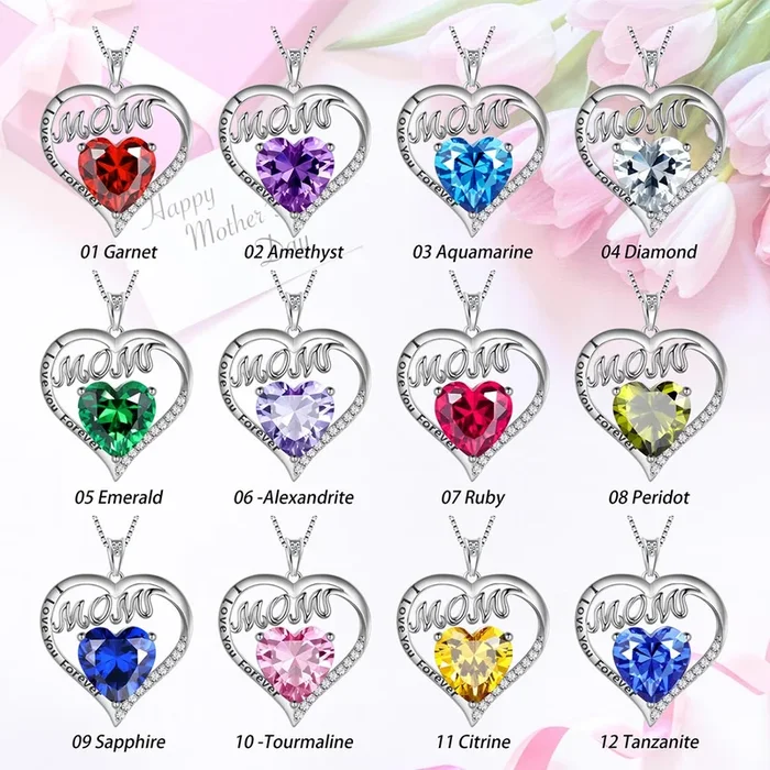 Mom Necklace Heart Birthstone Pendant Women Mother’s Day Gifts Birthday Jewelry