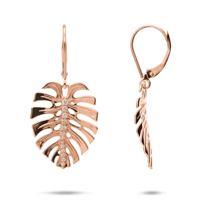 Monstera Earrings in Rose Gold with Diamonds – 23mm