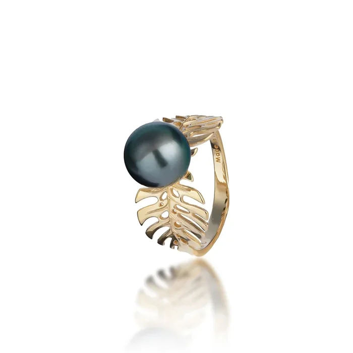 Monstera Tahitian Black Pearl Ring in Gold – 8-9mm