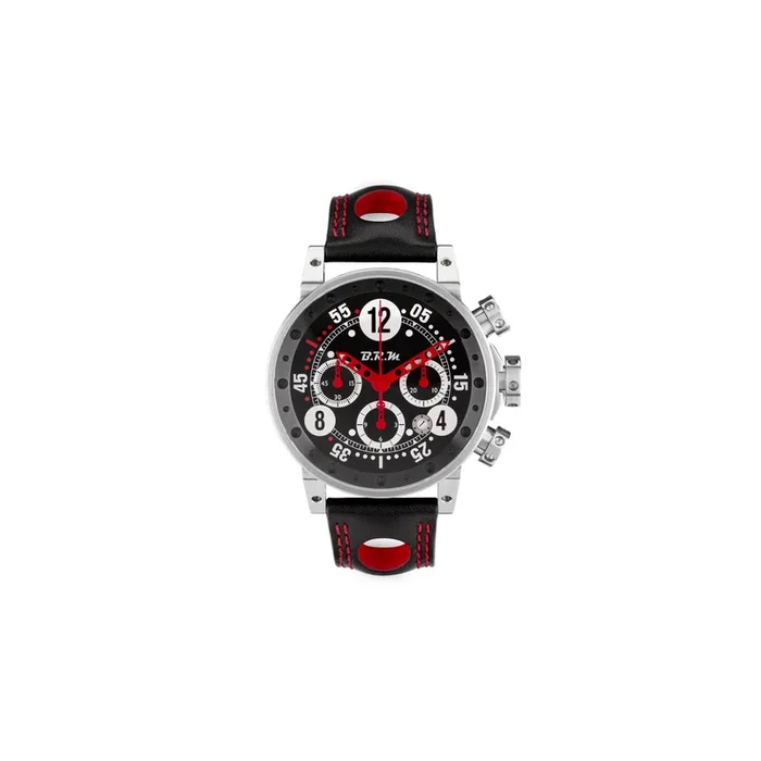 Montre BRM V12 automatique inox cadran noir aiguilles rouges bracelet cuir noir 44 mm