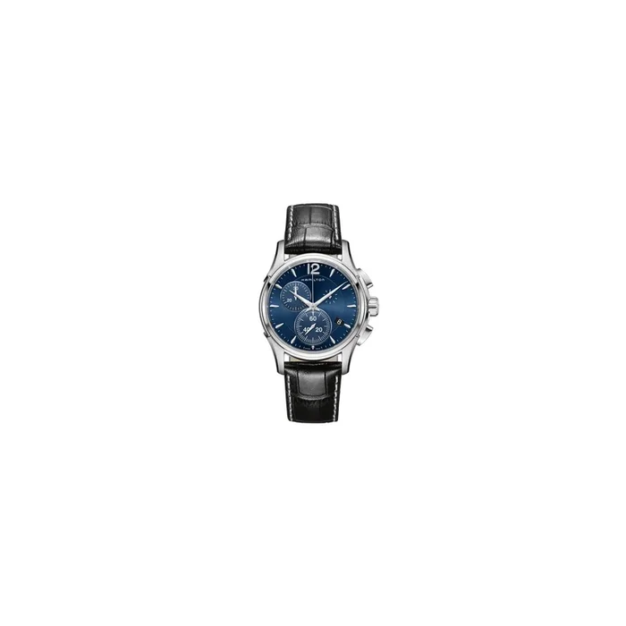 Montre Hamilton Jazzmaster Chrono quartz cadran bleu bracelet cuir noir façon croco 42 mm