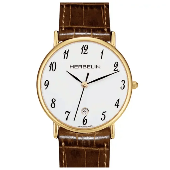 Montre Herbelin Classiques acier PVD or jaune cuir marron 12443P28GO