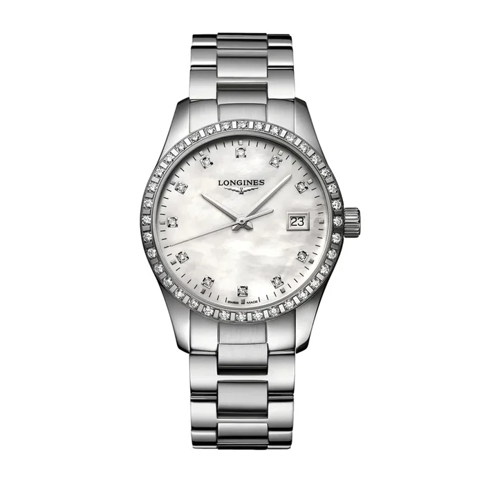 Montre Longines Conquest Classic quartz cadran nacre blanche lunette sertie bracelet acier 34 mm