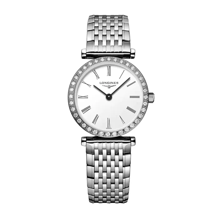 Montre Longines La Grande Classique quartz chiffres romains lunette sertie bracelet acier 24 mm