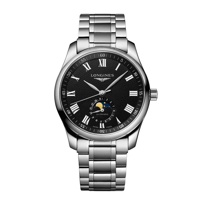 Montre Longines Master Collection automatique cadran noir phases de lune bracelet acier 40 mm