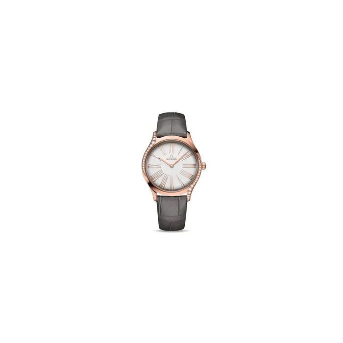 Montre Omega De Ville Trésor quartz or rose cadran argent bracelet tissu anthracite 36 mm