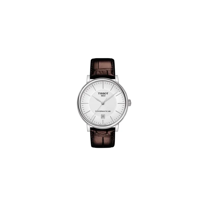 Montre Tissot T-Classic Carson Premium Powermatic 80 cadran argenté bracelet cuir brun 40 mm