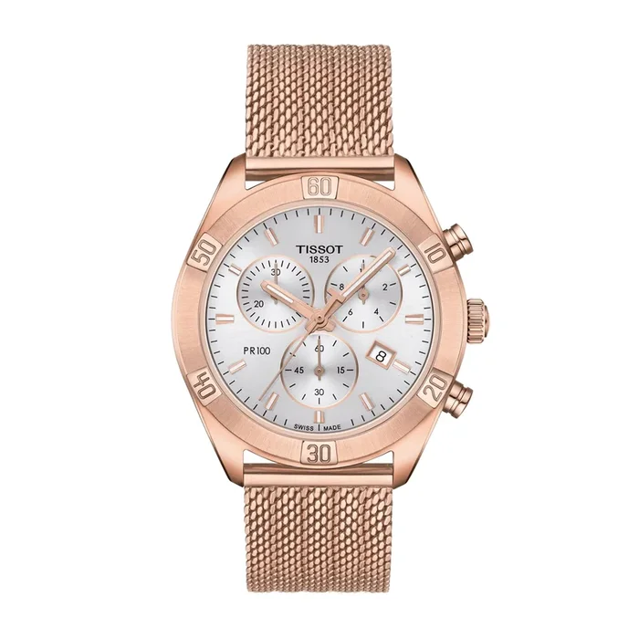 Montre Tissot T-Classic pr 100 Sport Chic Lady Chronograph quartz PVD or rose cadran nacre bracelet mesh acier 36 mm
