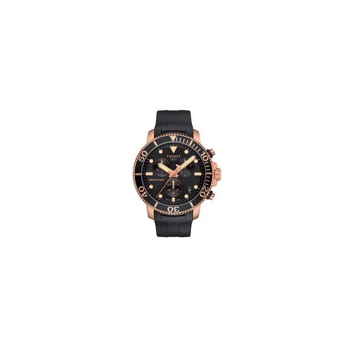 Montre Tissot T- Sport Seastar 1000 Chronograph quartz PVD or rose cadran noir bracelet caoutchouc noir 45 mm