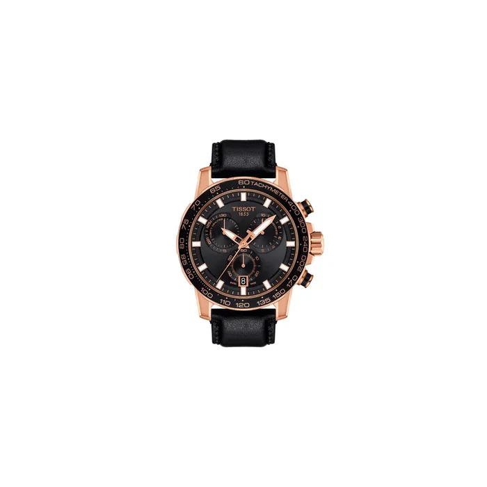 Montre Tissot T-Sport Supersport Chrono quartz acier PVD doré rose cadran noir bracelet cuir noir 45,5 mm