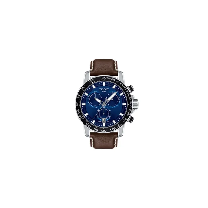 Montre Tissot T-Sport Supersport Chrono quartz cadran bleu bracelet cuir marron 45,5 mm