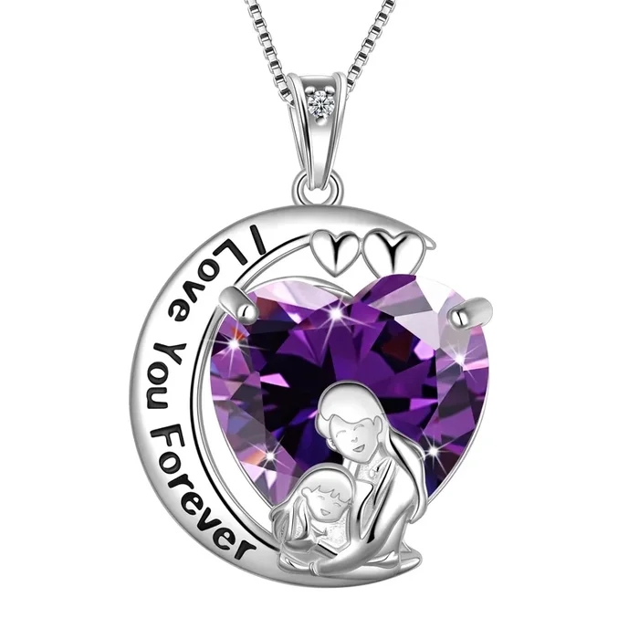 Moon Heart Mother Daughter Necklace 925 Sterling Silver Purple Amethyst February Birthstone Pendant Jewelry Women Birthday Xmas Mother’s Day Gift