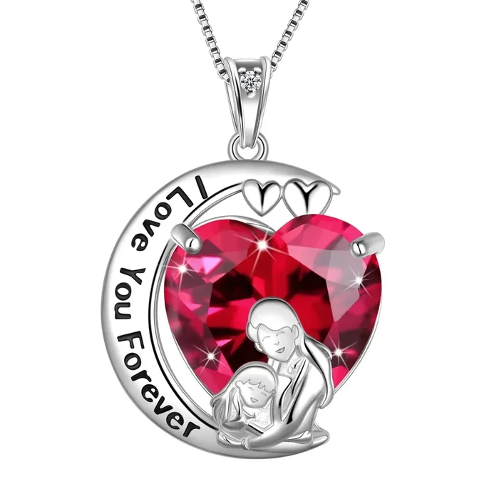 Moon Heart Mother Daughter Necklace 925 Sterling Silver Red Ruby July Birthstone Pendant Jewelry Women Birthday Christmas Mother’s Day Gift for Mom