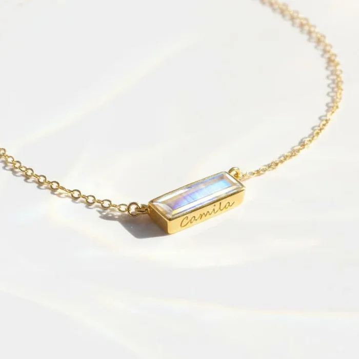 Moonstone Bar Necklace, Personalized Birthstone Gemstone Baguette Cut Bar Pendant Gift, June Birthstone