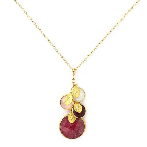 Mother’s Round Gemstone Family Necklace, Necklace with Mom and Kids’ Birthstones with Stamped Initial Charms