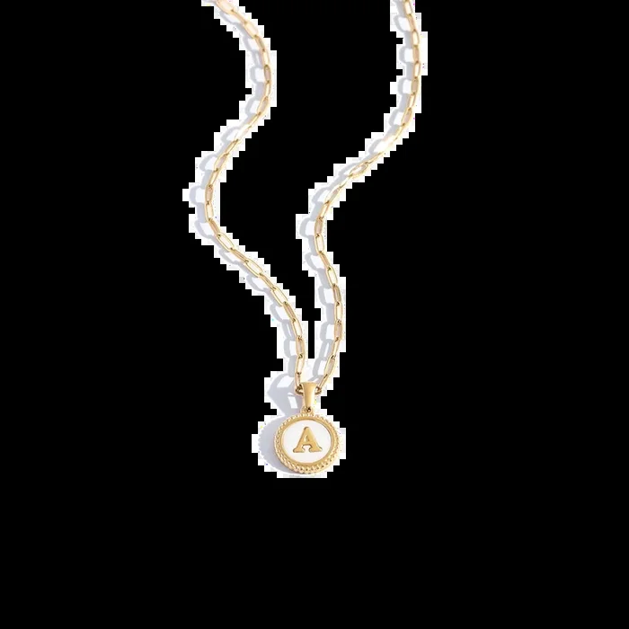 Mother of Pearl Disc Letter Necklace with Paperclip Chain
