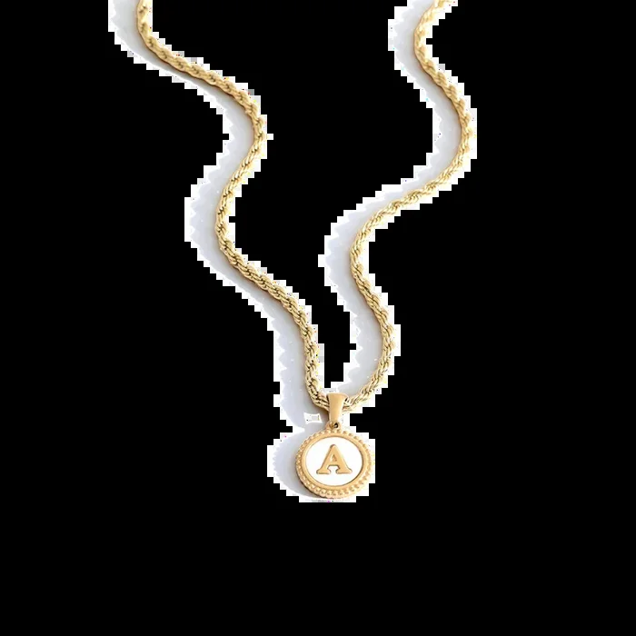 Mother of Pearl Disc Letter Necklace with Rope Chain