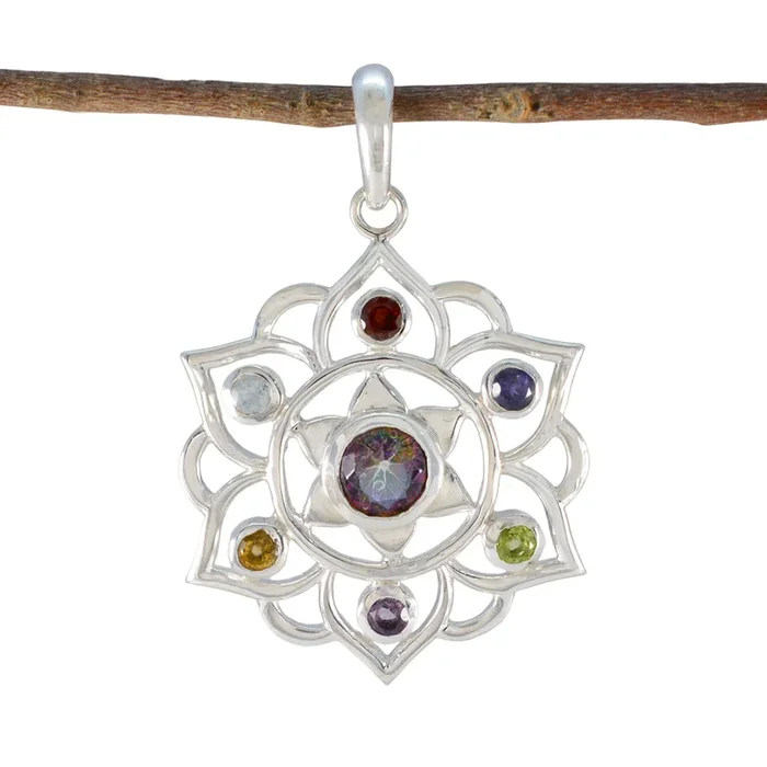 Multi Stone Classic Mexican Sterling Silver Hepta Yasmine Rope-Wire multicolor Pendant Jewellery