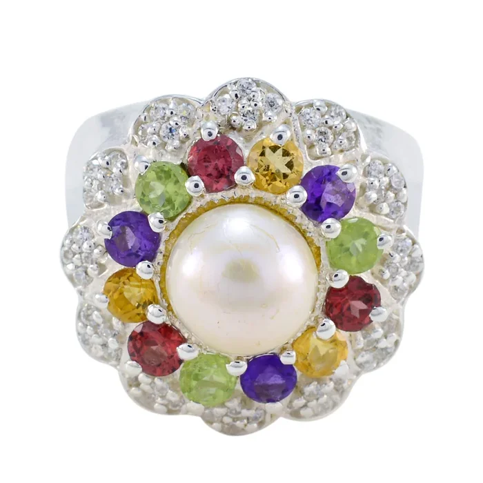 Multi Stone Halo French Silver multicolor Gemstone Statement Cocktail Ring Jewelry
