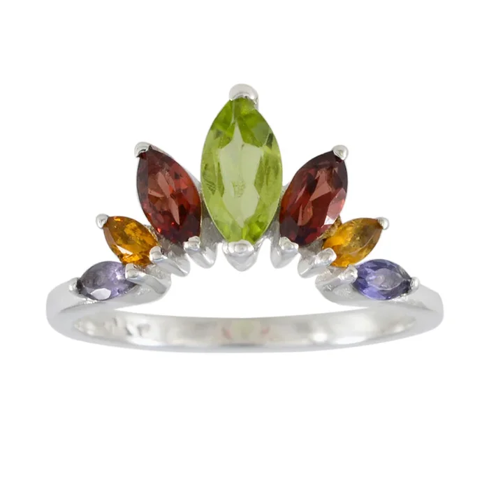 Multi Stone Hepta American Sterling Silver multicolor Gemstones Dainty crown Ring Jewelry