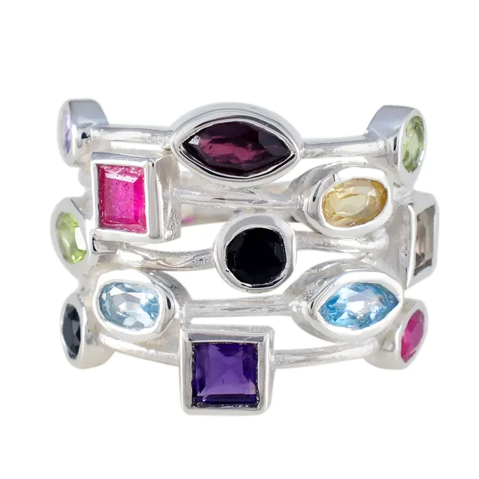 Multi Stone multiple Egyptian Silver multicolor Gemstones Eye-catching Cocktail Ring Jewellery
