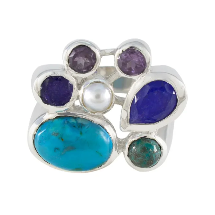 Multi Stone multiple Spanish Sterling Silver multicolor Gems Chunky Cocktail Ring Jewelry