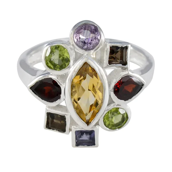 Multi Stone navratna African Sterling Silver multicolor Gemstones Eye-catching Cocktail Ring Jewellery