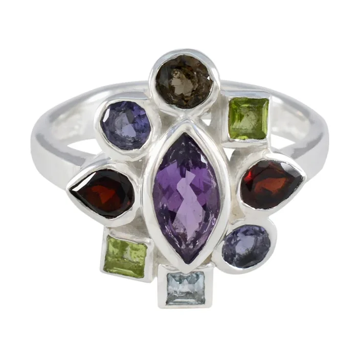 Multi Stone navratna Egyptian Sterling Silver multicolor Gems Eye-catching Cocktail Ring Jewellery