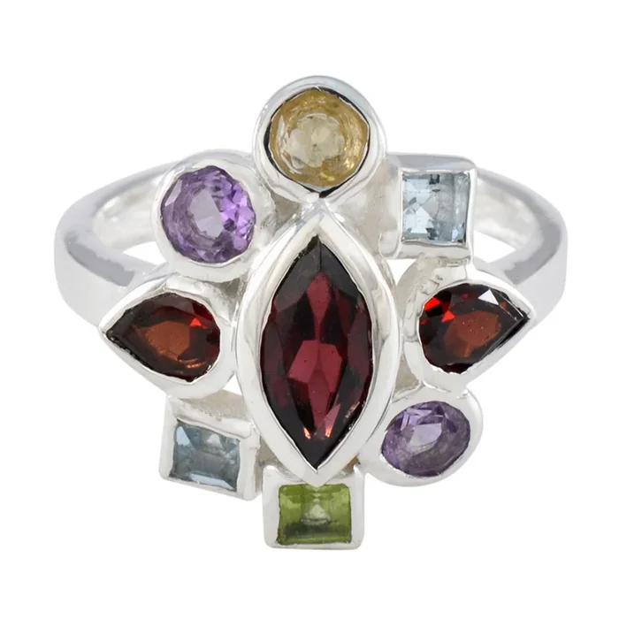 Multi Stone navratna French 925 Silver multicolor Gemstone Eye-catching Cocktail Ring Jewelry