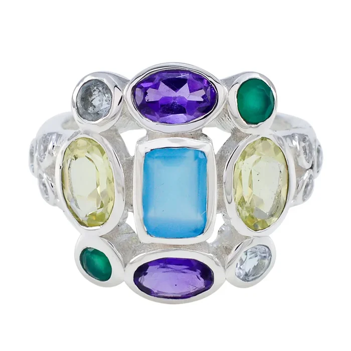 Multi Stone Navratna German 92.5 Silver multicolor Gems Classic Cocktail Ring Jewelry