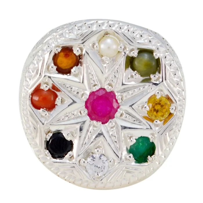 Multi Stone navratna Indian 925 Silver multicolor Gemstone Chunky Cocktail Ring Jewellery
