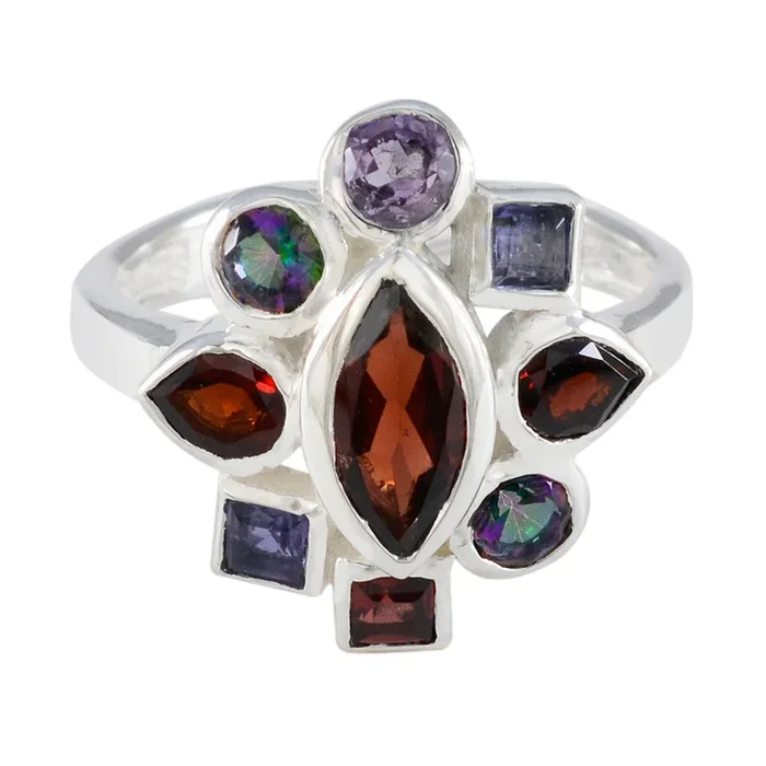 Multi Stone navratna Indian 925 Silver multicolor Gemstones Eye-catching Cocktail Ring Jewellery
