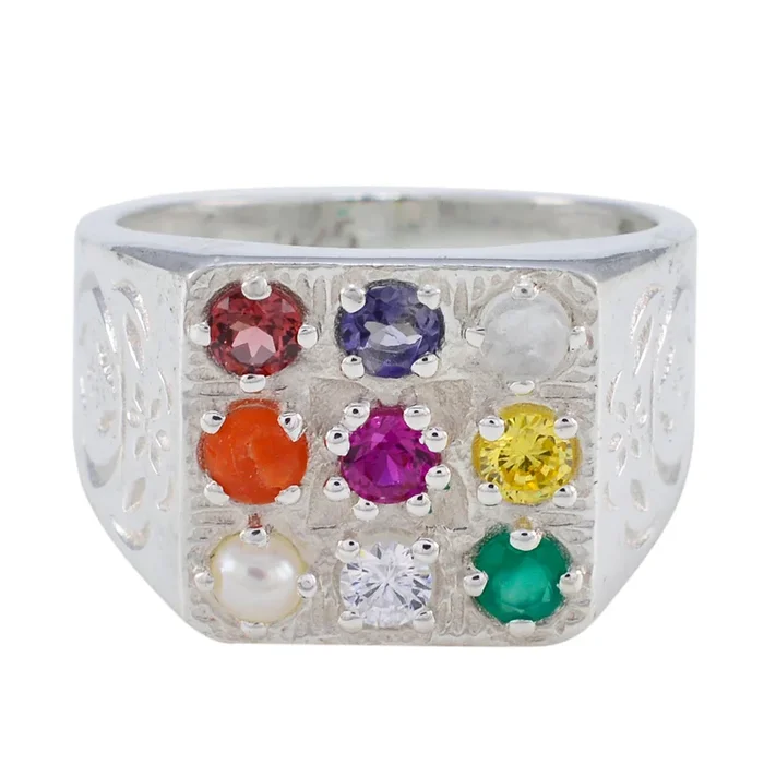 Multi Stone navratna Russian Sterling Silver multicolor Gems Eye-catching Cultural Ring Jewellery