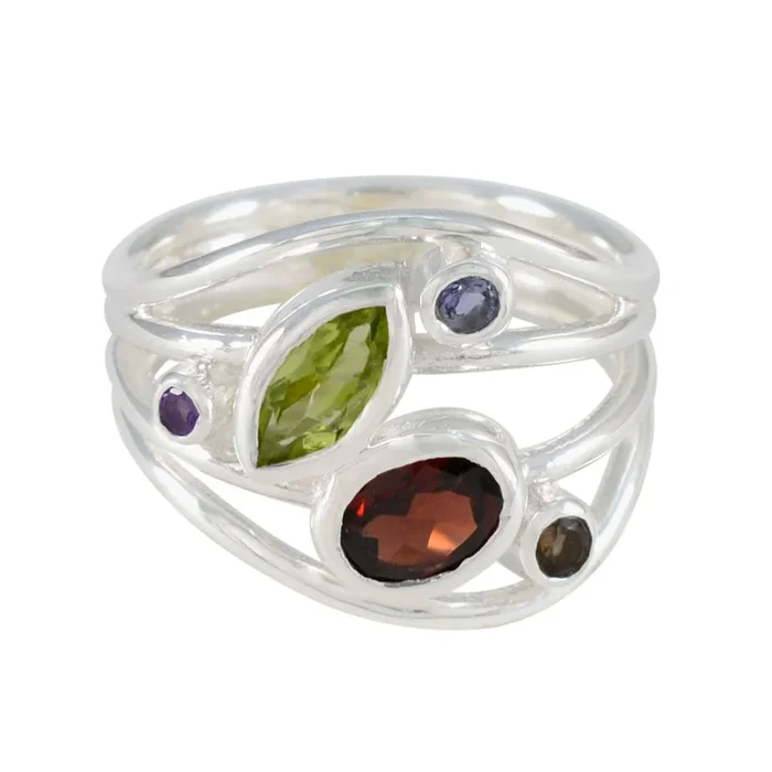 Multi Stone Penta Moroccan 925 Silver multicolor Gemstone Eye-catching Contemporary Ring Jewelry