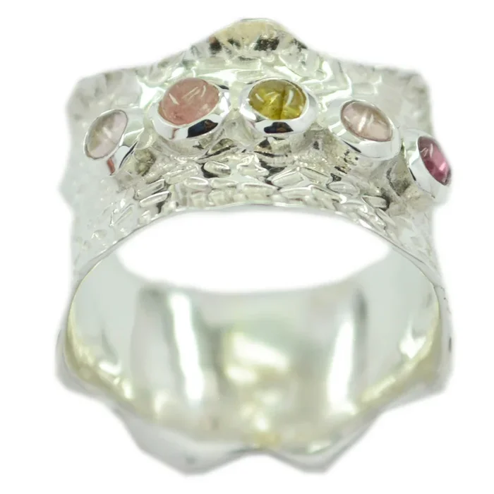 Multi Stone Penta Russian 92.5 Silver multicolor Gems Mid-weight Vintage Band Jewelry