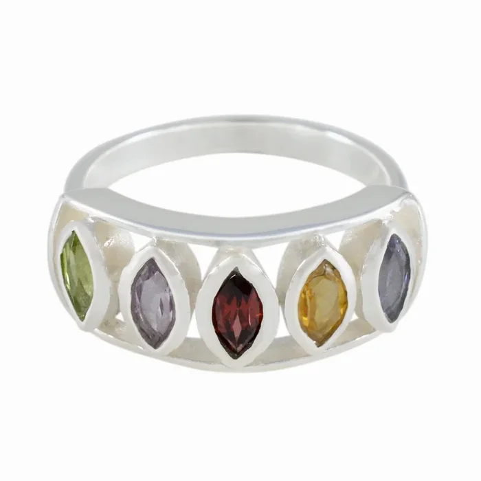 Multi Stone Penta Russian 92.5 Silver multicolor Gemstone Tiny Modern Ring Jewelry