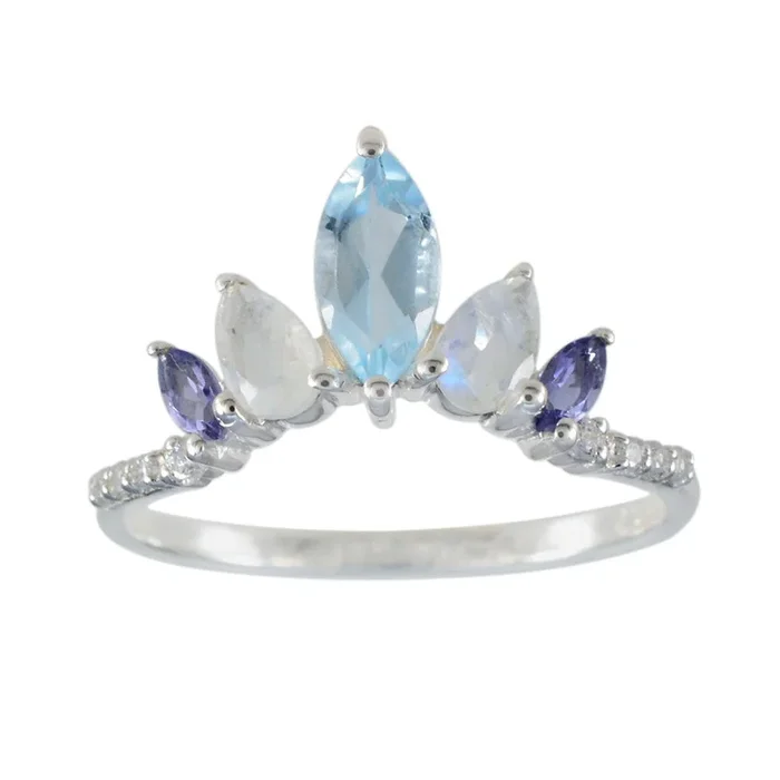 Multi Stone Penta Turkish Sterling Silver multicolor Gems Elegant crown Ring Jewelry