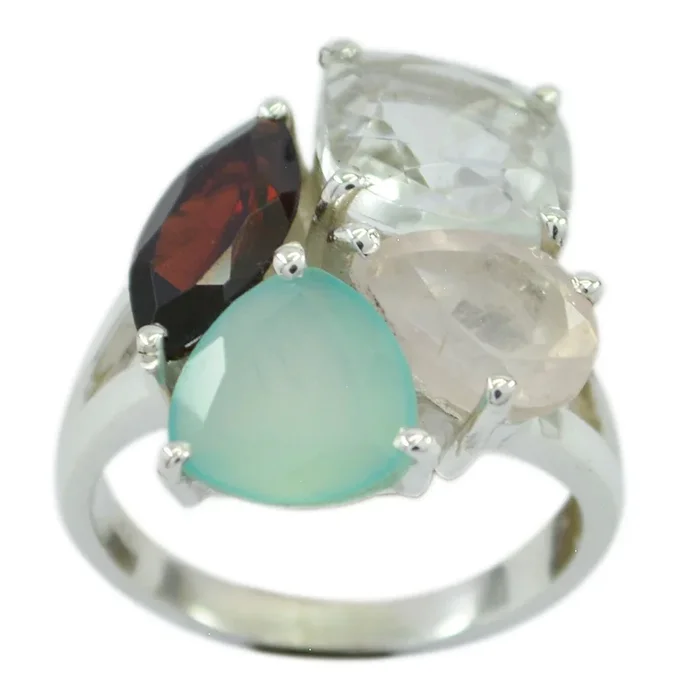 Multi Stone quarter French 925 Silver multicolor Gemstone Versatile Cocktail Ring Jewelry