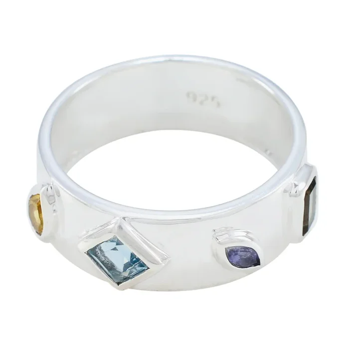 Multi Stone quarter French Sterling Silver multicolor Gems Minimal Abstract Band Jewelry