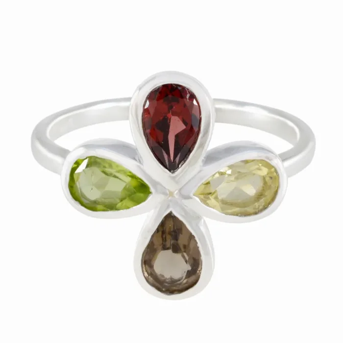 Multi Stone quarter Japanese 92.5 Silver multicolor Gemstones Dainty Floral Ring Jewelry