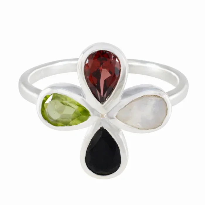 Multi Stone quarter Turkish Sterling Silver multicolor Gemstone Dainty Floral Ring Jewellery