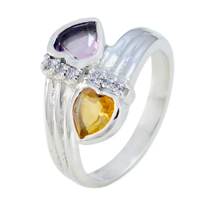 Multi Stone Toi et Moi French Sterling Silver multicolor Gemstone Minimal Heart Ring Jewelry