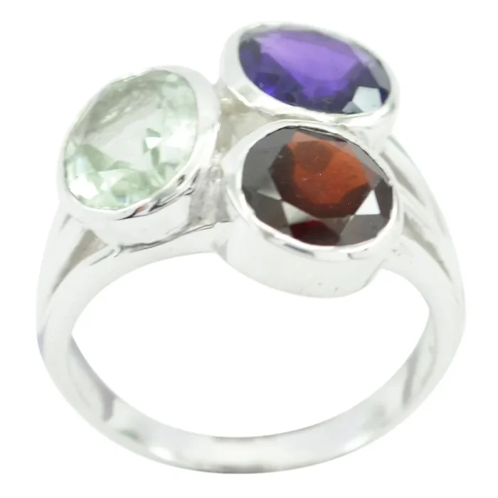 Multi Stone Trilogy African 925 Silver multicolor Gems Mid-weight Cocktail Ring Jewelry