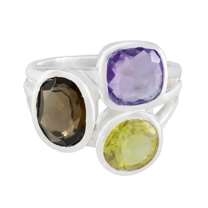 Multi Stone Trilogy African Sterling Silver multicolor Gemstones Eye-catching Cocktail Ring Jewellery