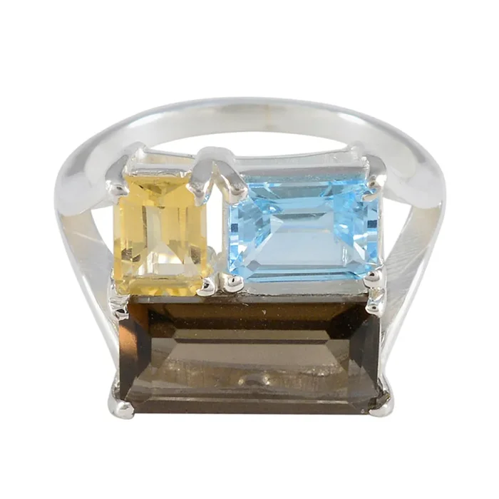 Multi Stone Trilogy Egyptian 925 Sterling Silver multicolor Gemstone Classic Trendy Ring Jewellery